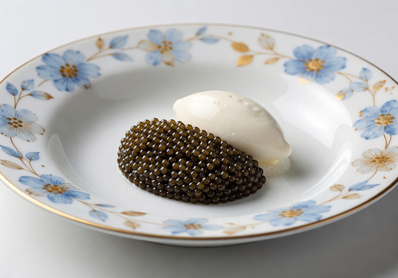 Alain Ducasse Caviar Impérial course with Oscietra caviar and chilled crème fraîche on hand-painted porcelain