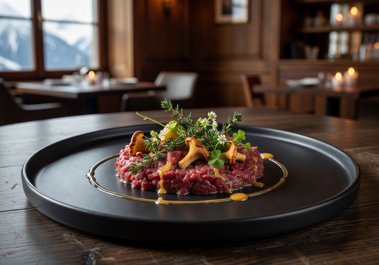 Alpine venison tartare with pine oil and foraged herbs from Engadin Valley at IGNIV Badrutt's Palace