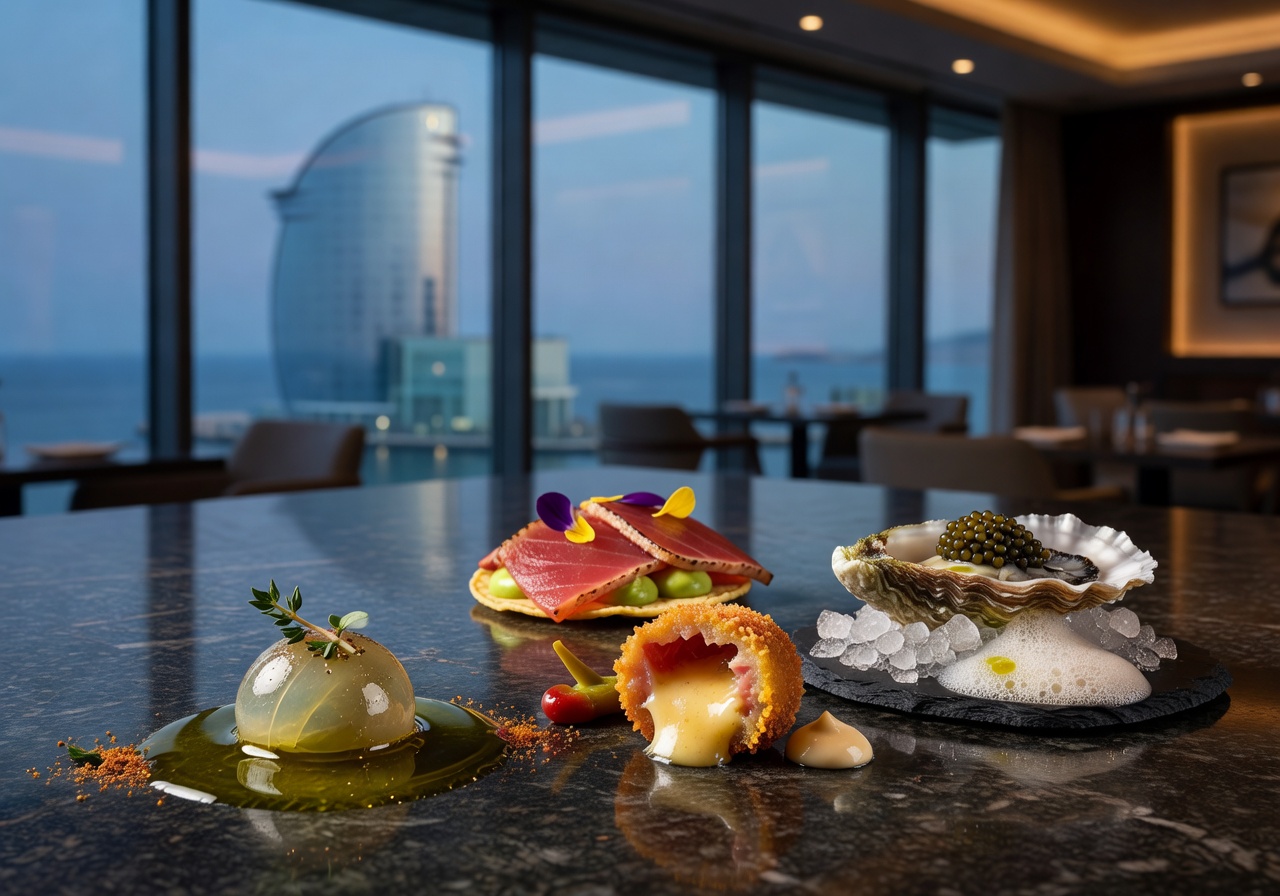 Artistically plated modern Spanish tasting course at Enoteca Paco Pérez in Hotel Arts Barcelona