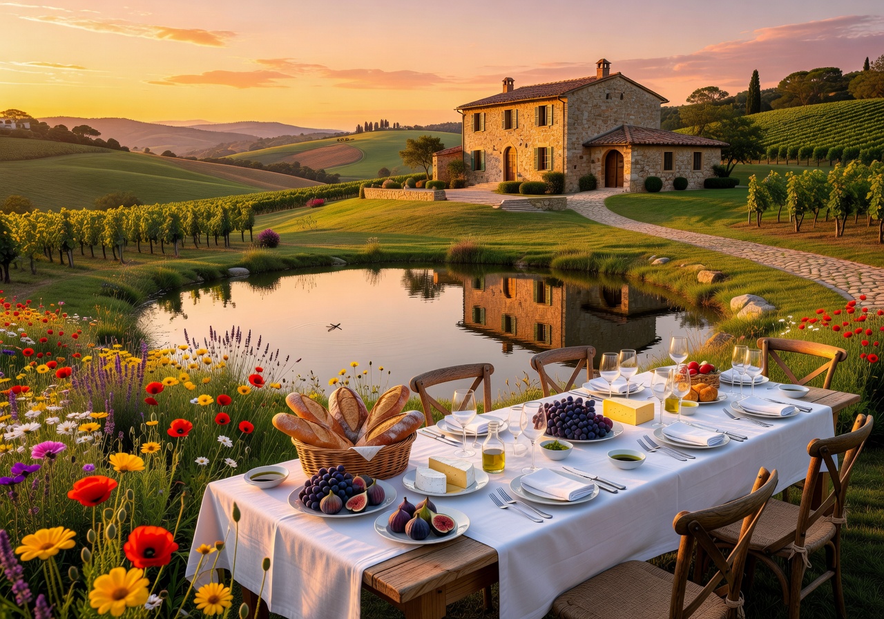 Beautiful European countryside landscape at golden hour reflecting the luxury travel and culinary inspiration of Soraflwarc