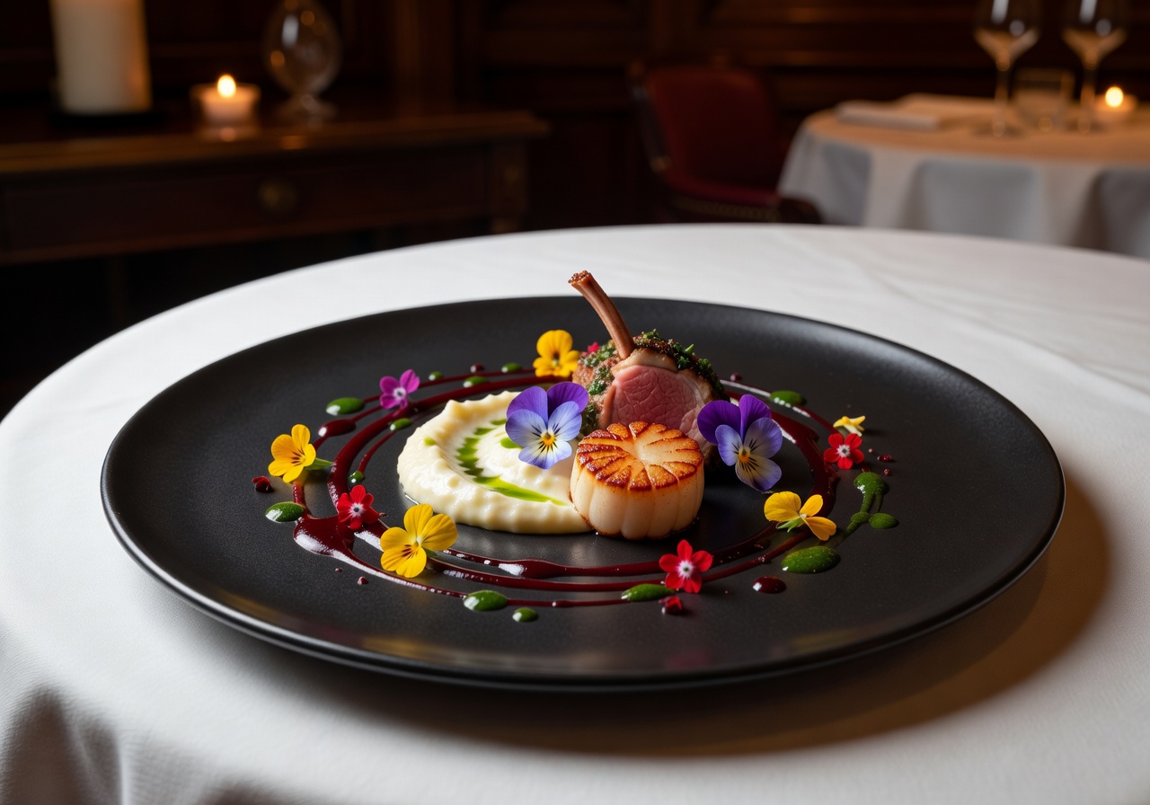 Beautifully composed gourmet dish with edible flowers and artistic sauce work at a European Michelin-star restaurant