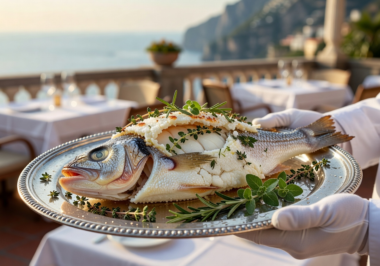 Branzino al Sale whole sea bass baked in salt crust at Belmond Caruso presented tableside with Amalfi herbs