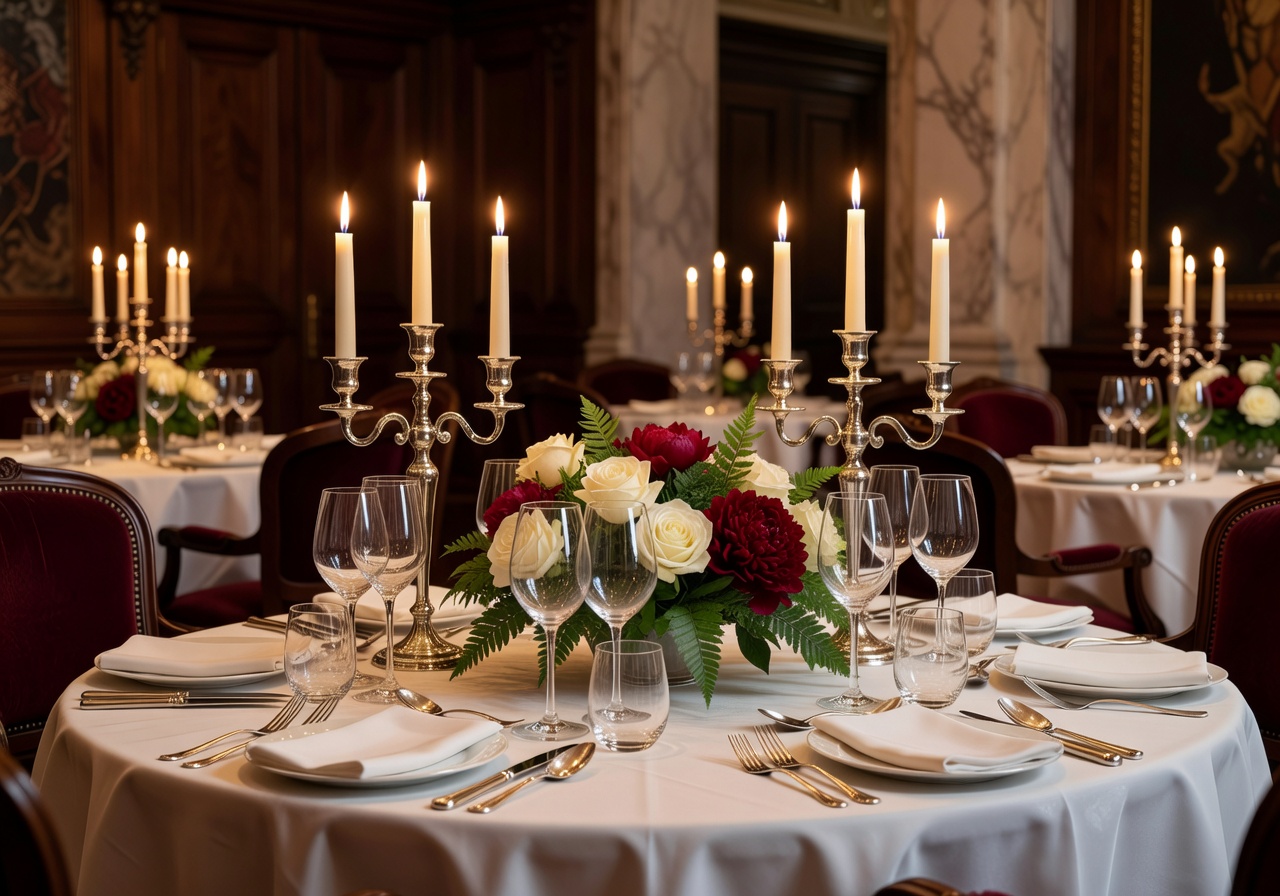 Candlelit fine dining table setting in a luxury European hotel restaurant with crystal glassware and elegant floral arrangement