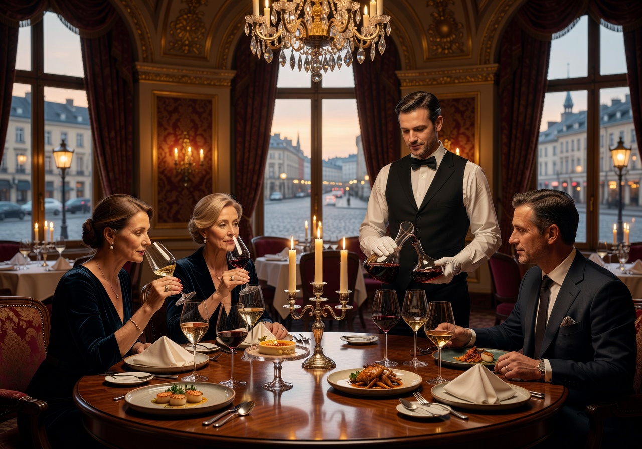 Chef's tasting menu with wine pairing service at a luxury European hotel restaurant