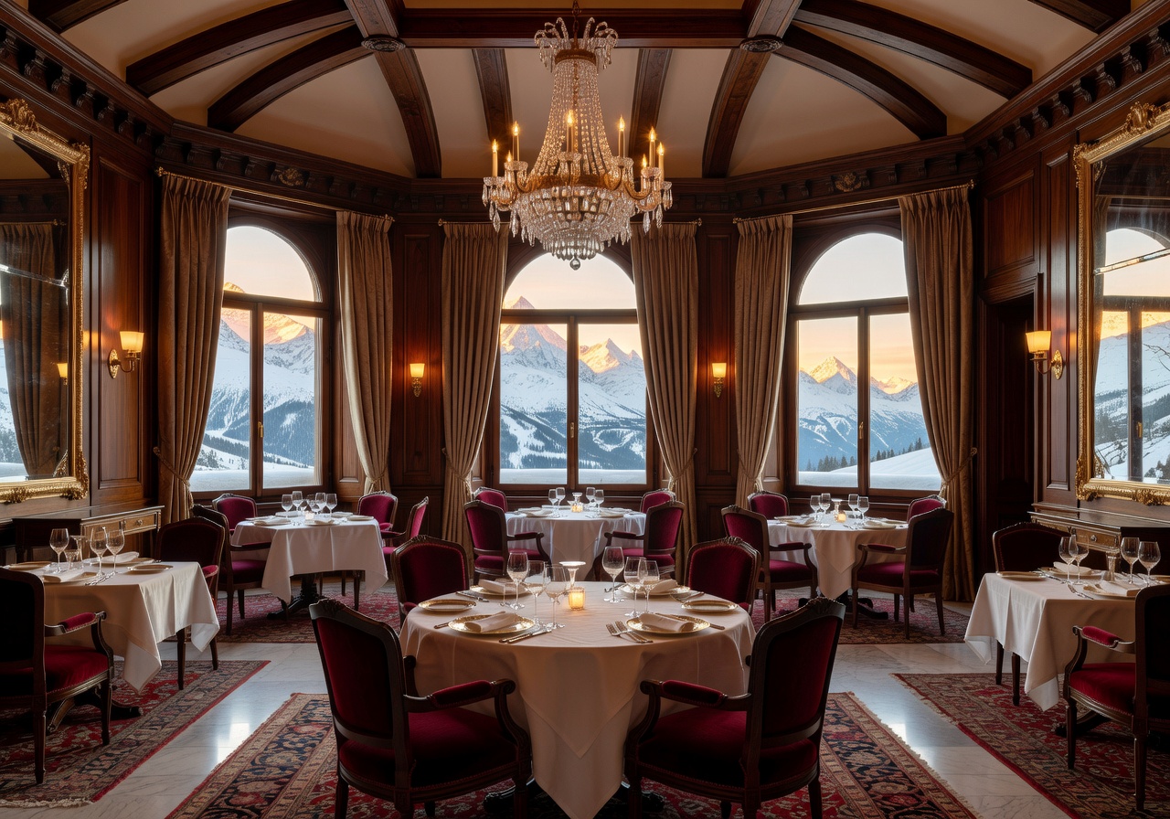 Elegant alpine dining room at Badrutt's Palace St Moritz Switzerland with mountain views and luxury decor