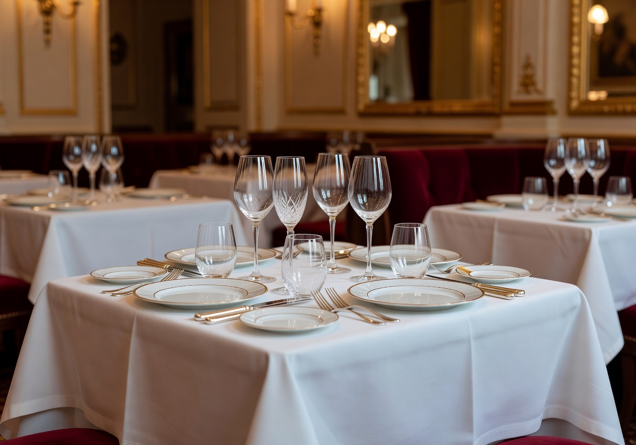Elegant fine dining table setting at Hôtel Plaza Athénée Paris with crystal glassware and white tablecloths