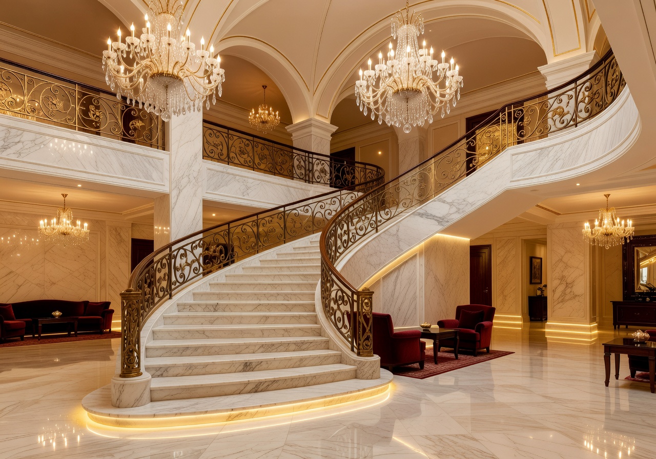 Elegant hotel lobby with grand staircase and warm lighting representing Soraflwarc luxury hospitality contact page