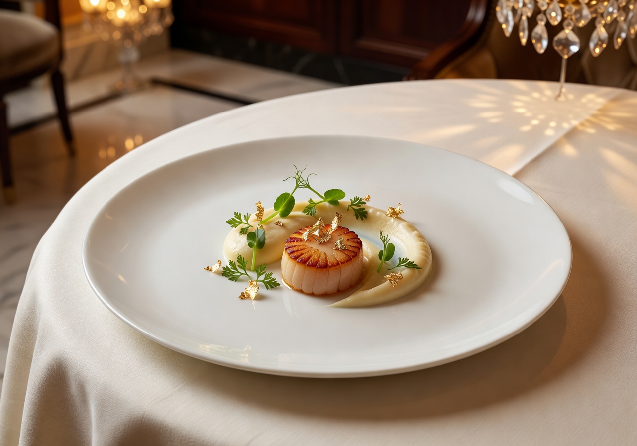 Exquisitely plated fine dining course at Alain Ducasse restaurant in Paris with edible gold leaf garnish