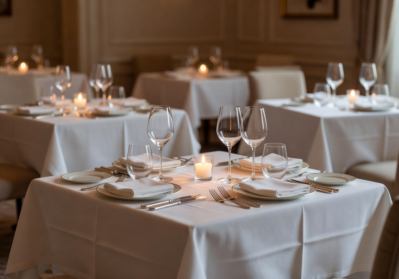 Intimate Michelin-star dining room with soft candlelight and impeccably dressed tables for fine dining