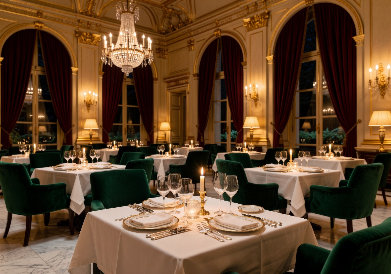 Luxurious fine dining restaurant inside a European luxury hotel with ambient lighting and elegant table settings