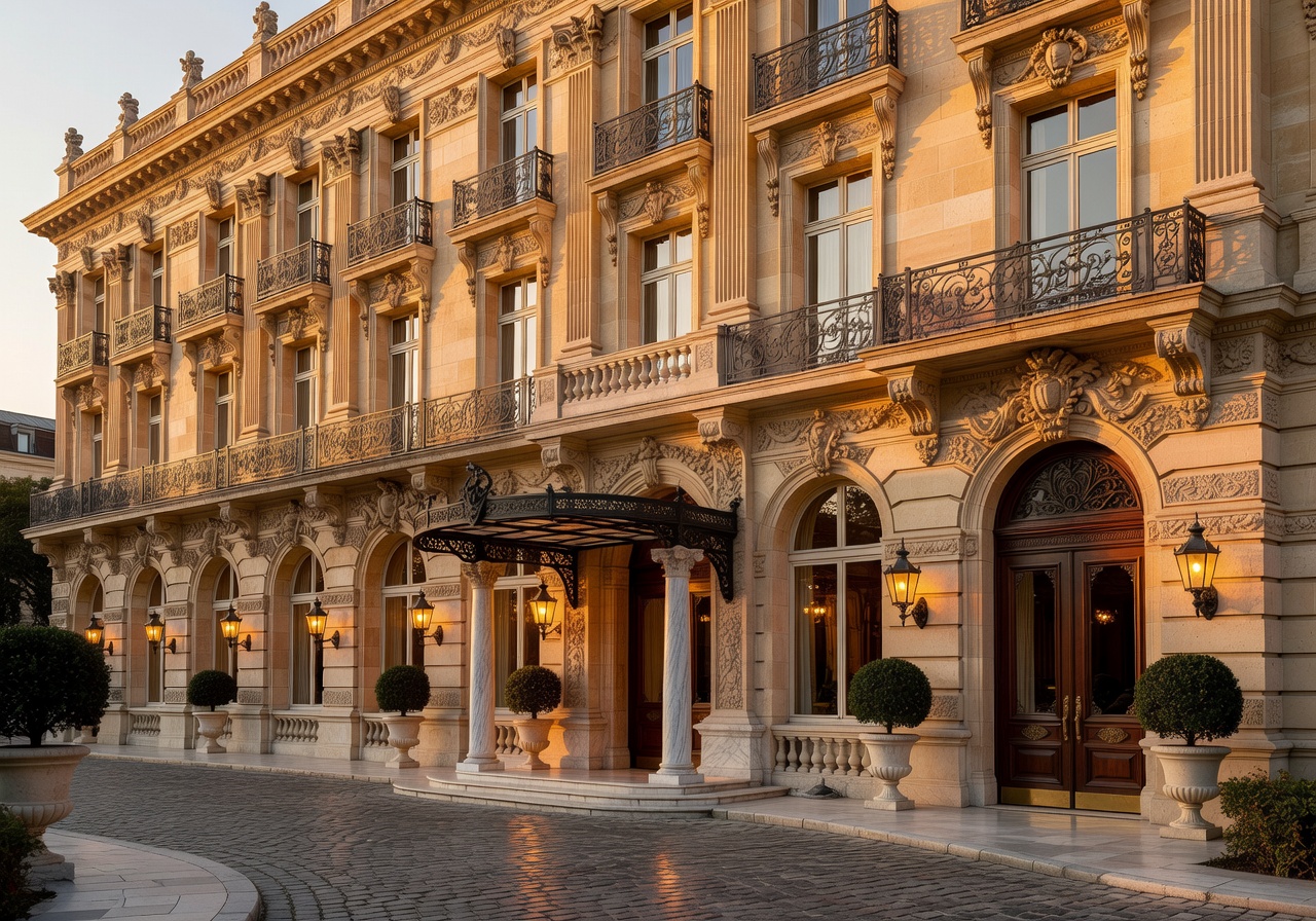 Luxury European hotel grand exterior with ornate architecture at golden hour