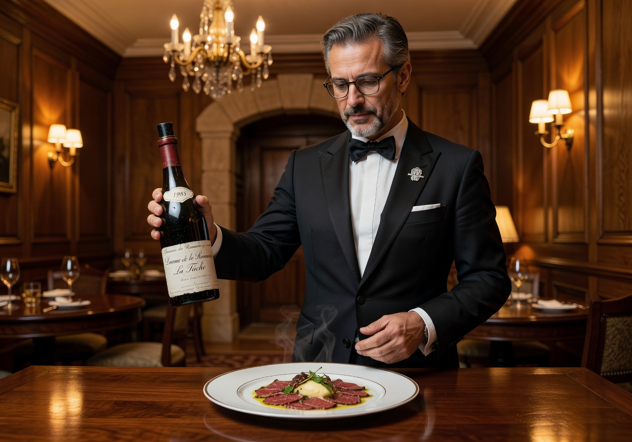 Sommelier decanting a fine red wine alongside an elegantly set table in a luxury European hotel restaurant