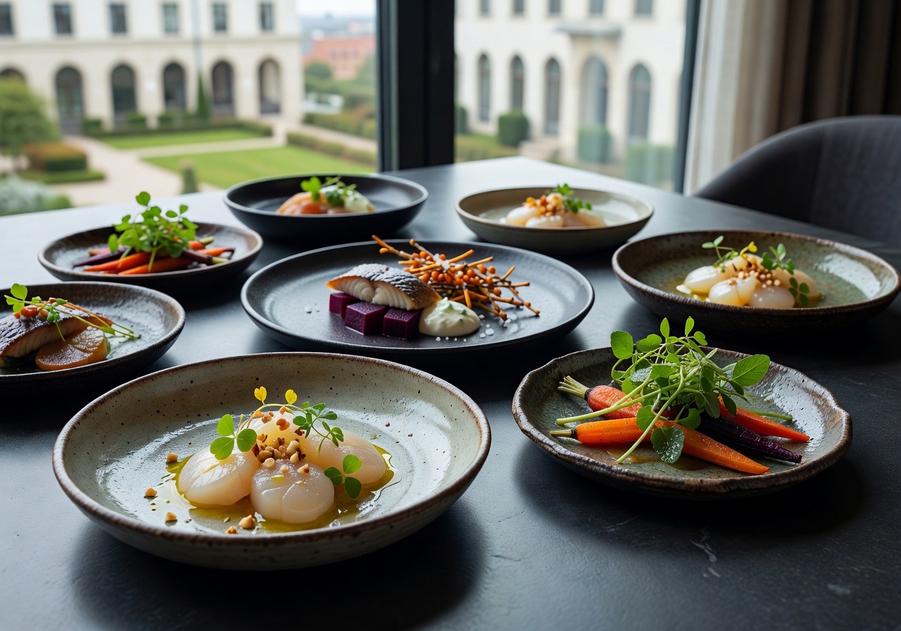 New Nordic tasting menu plating at Nimb Hotel Copenhagen with foraged herbs and seasonal Danish ingredients