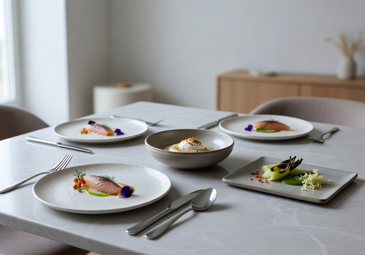 Nordic fine dining tasting menu presentation at Nimb Hotel Copenhagen with minimalist elegant plating