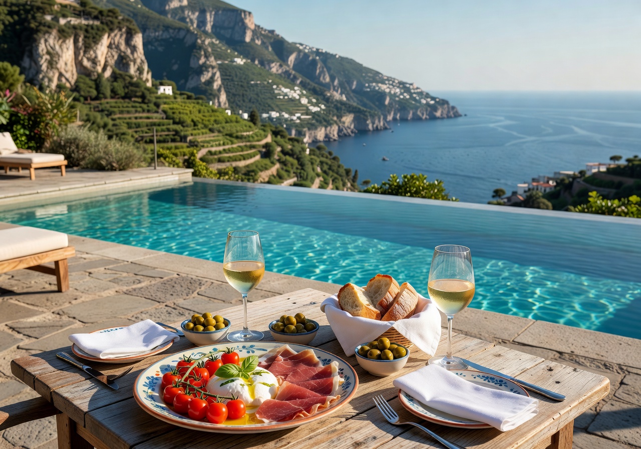 Outdoor pool terrace lunch at Belmond Hotel Caruso with casual Italian dishes and Amalfi Coast sea views