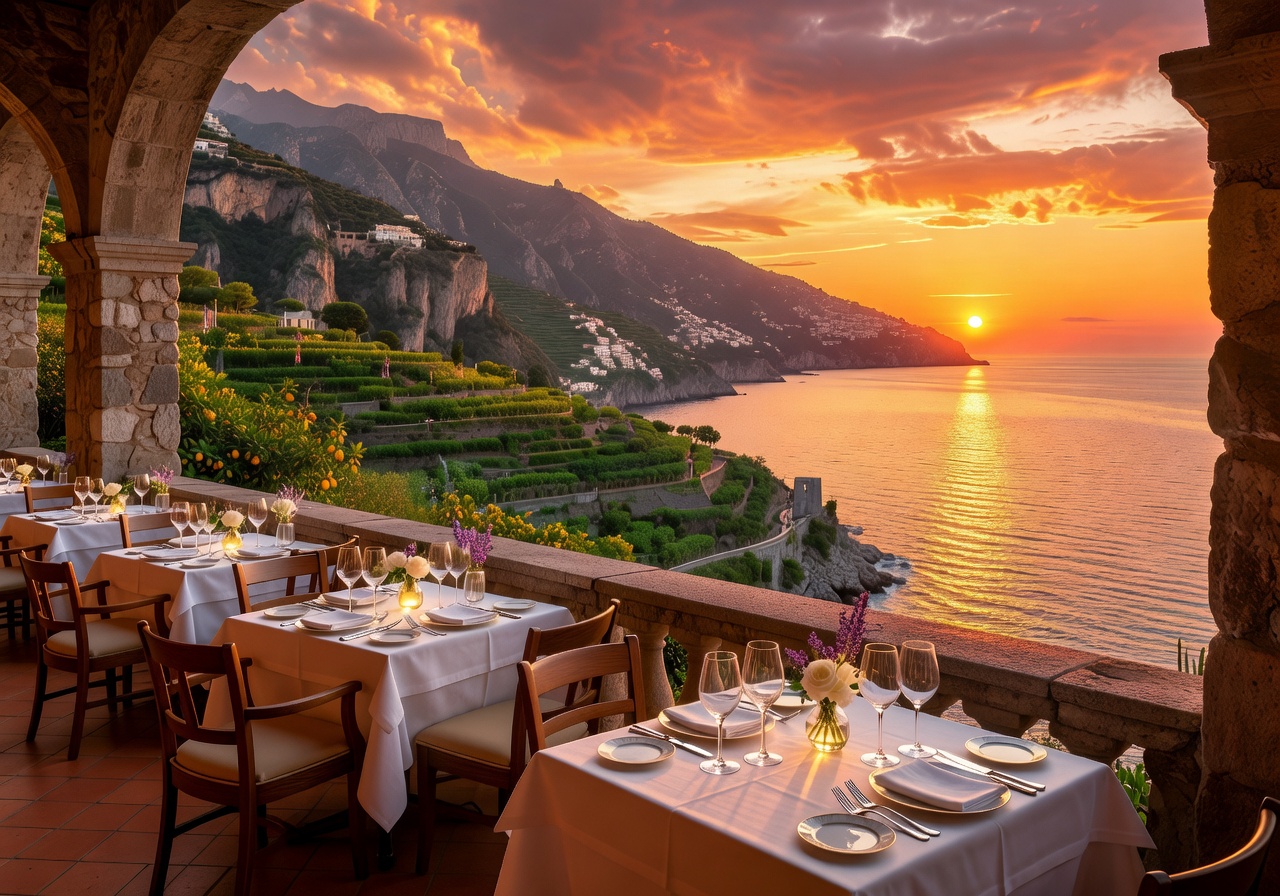 Panoramic terrace restaurant at Belmond Hotel Caruso overlooking the Amalfi Coast at sunset with dining tables set for evening service