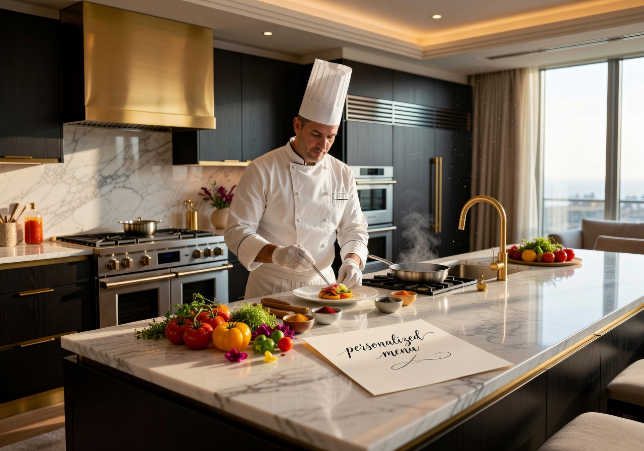 Private chef experience with personalized menu in a luxury hotel suite kitchen setting