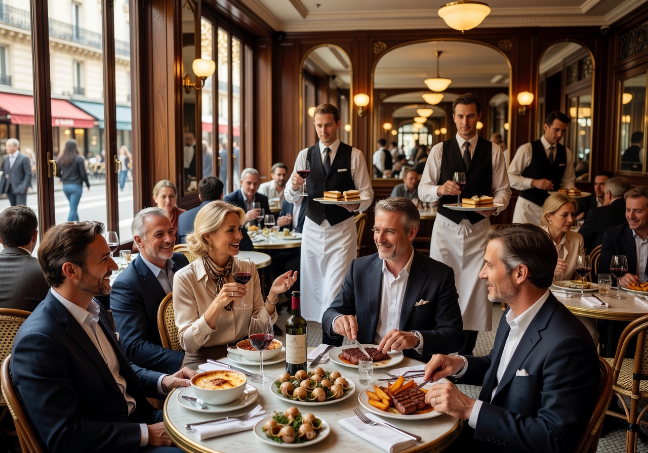 Relaxed lunch service at Le Relais Plaza brasserie with classic French dishes and vibrant Parisian atmosphere