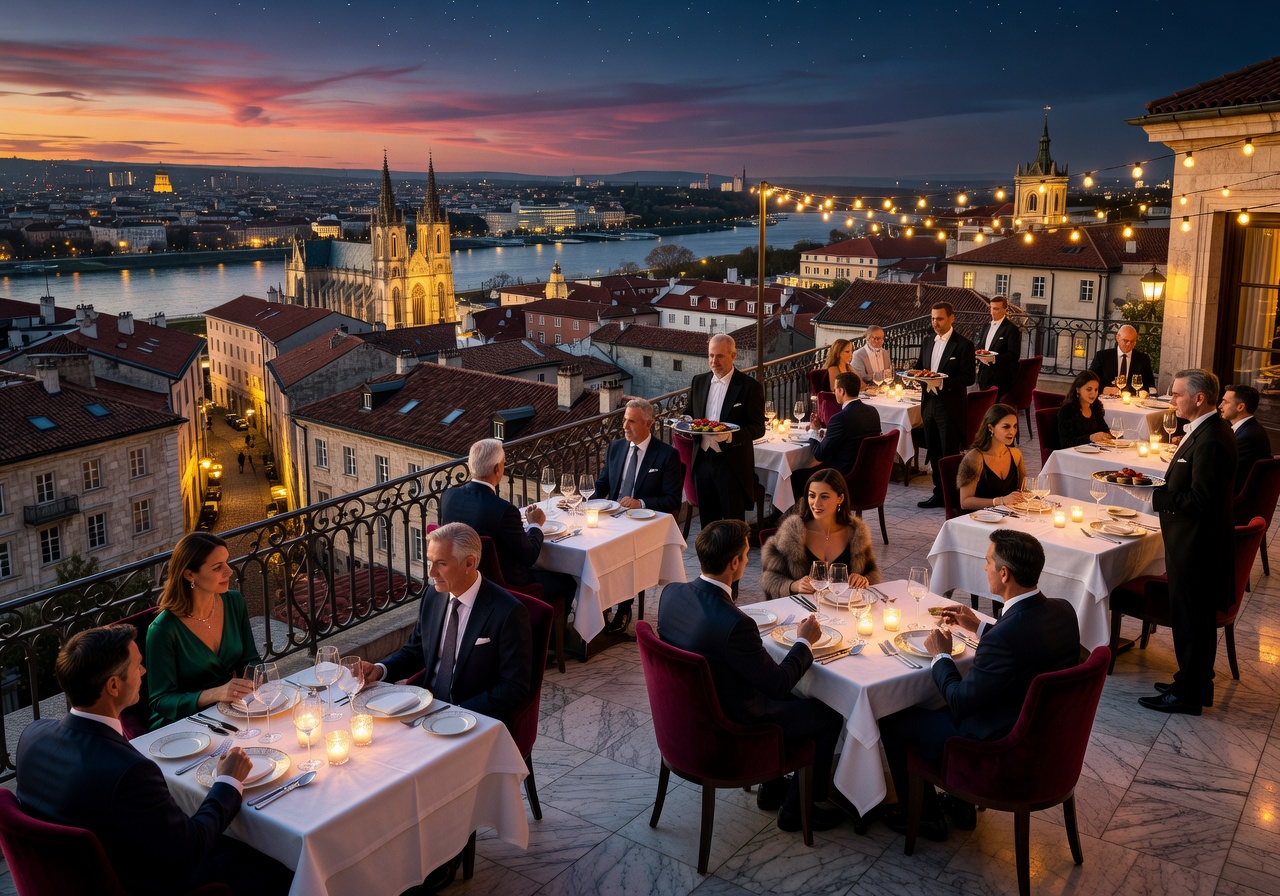 Rooftop restaurant with panoramic city views at a luxury European hotel during evening dining service