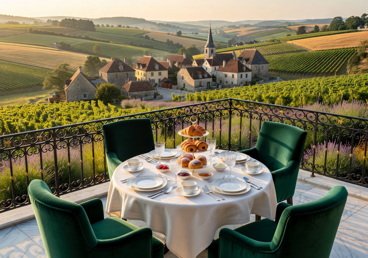 Scenic outdoor breakfast terrace overlooking European countryside at a luxury hotel in morning light