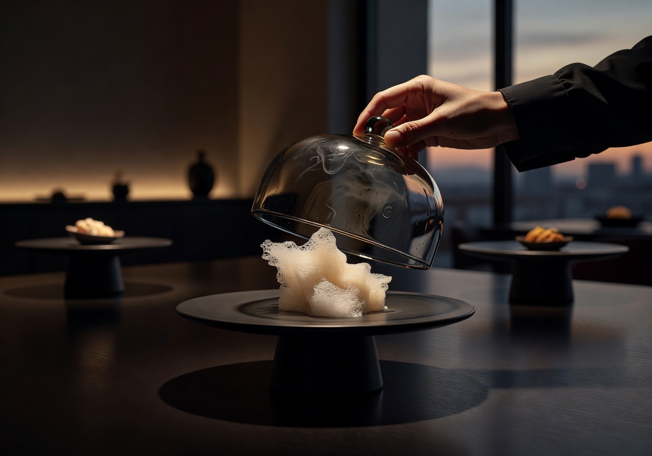 Sea Urchin Foam avant-garde course at Enoteca Paco Pérez Barcelona with smoked glass dome service