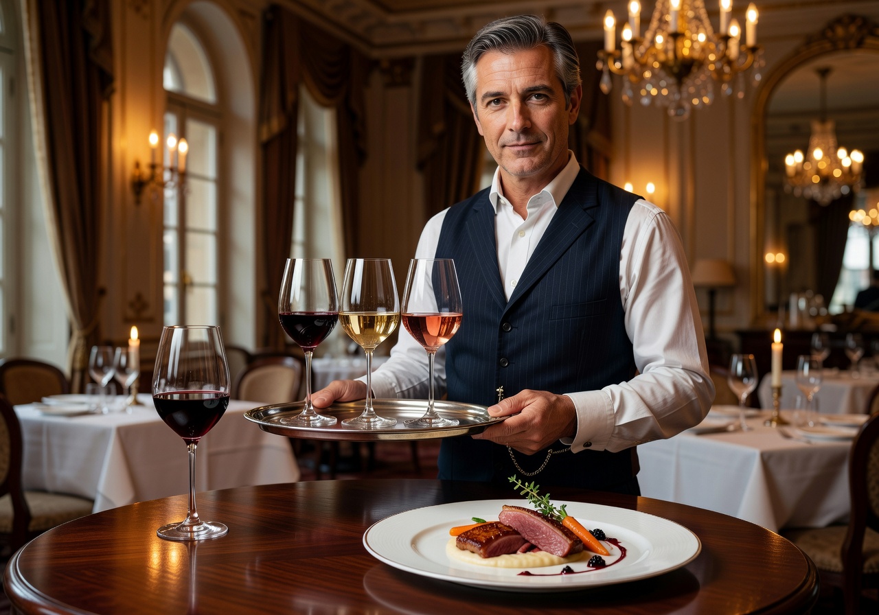 Sommelier presenting a wine pairing selection alongside a gourmet dish in a European hotel restaurant