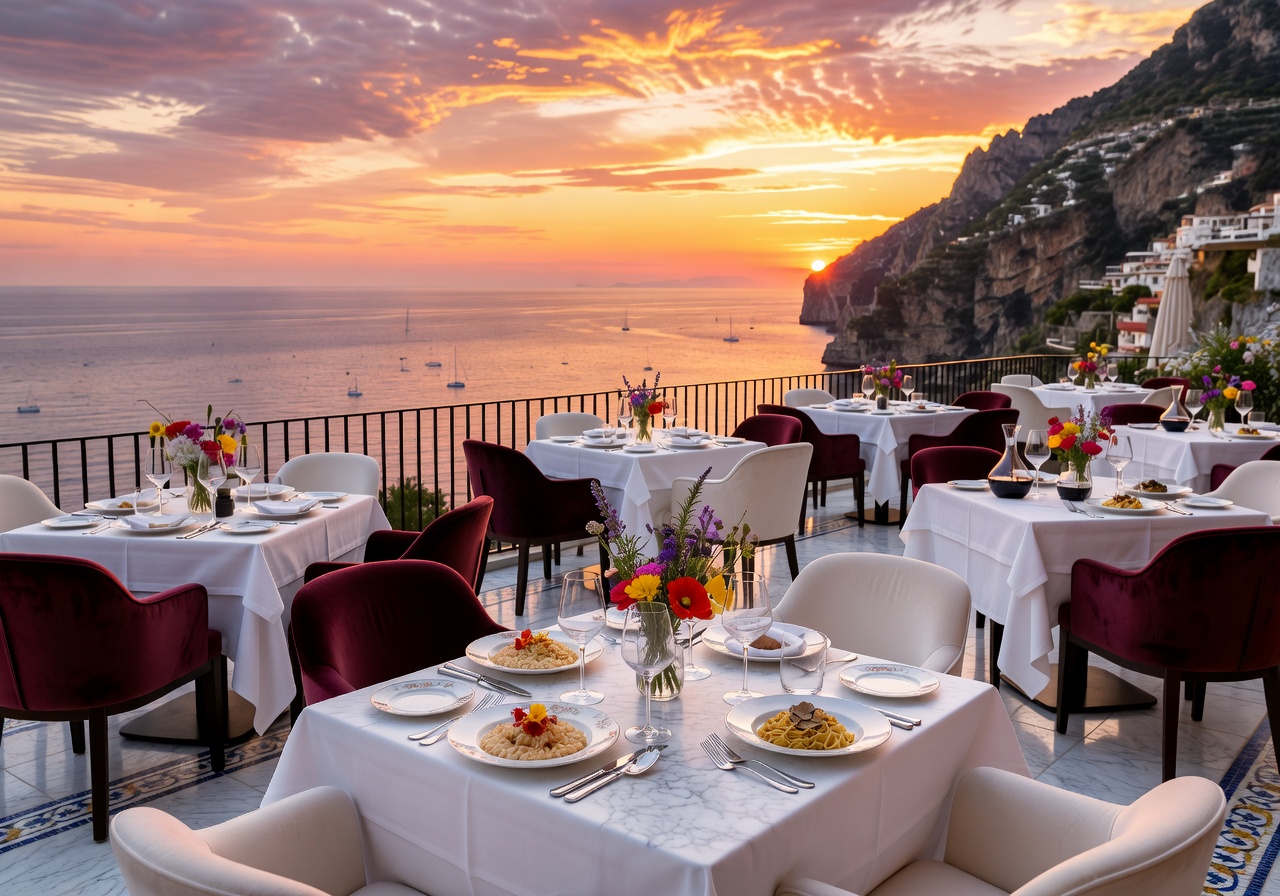 Scenic outdoor restaurant terrace at Belmond Hotel Caruso with views of the Amalfi Coast at sunset