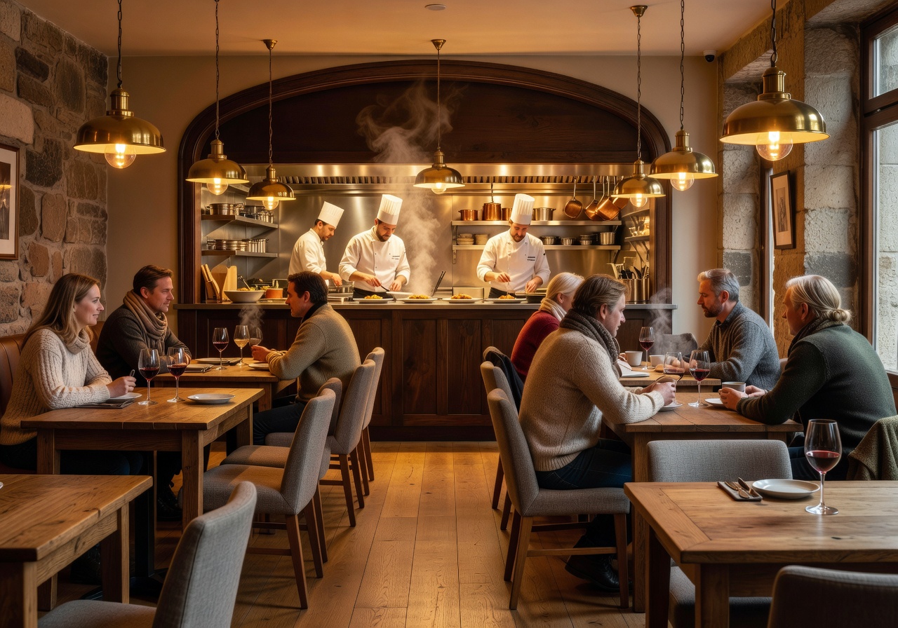 Warmly lit Brasserie Nimb Copenhagen interior with open kitchen and relaxed Nordic dining atmosphere