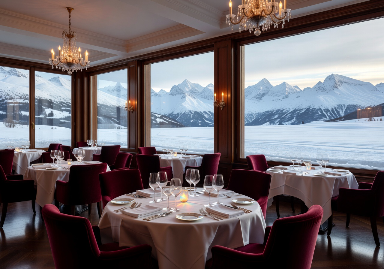 Winter fine dining room at Badrutt's Palace St Moritz with alpine views through floor-to-ceiling windows